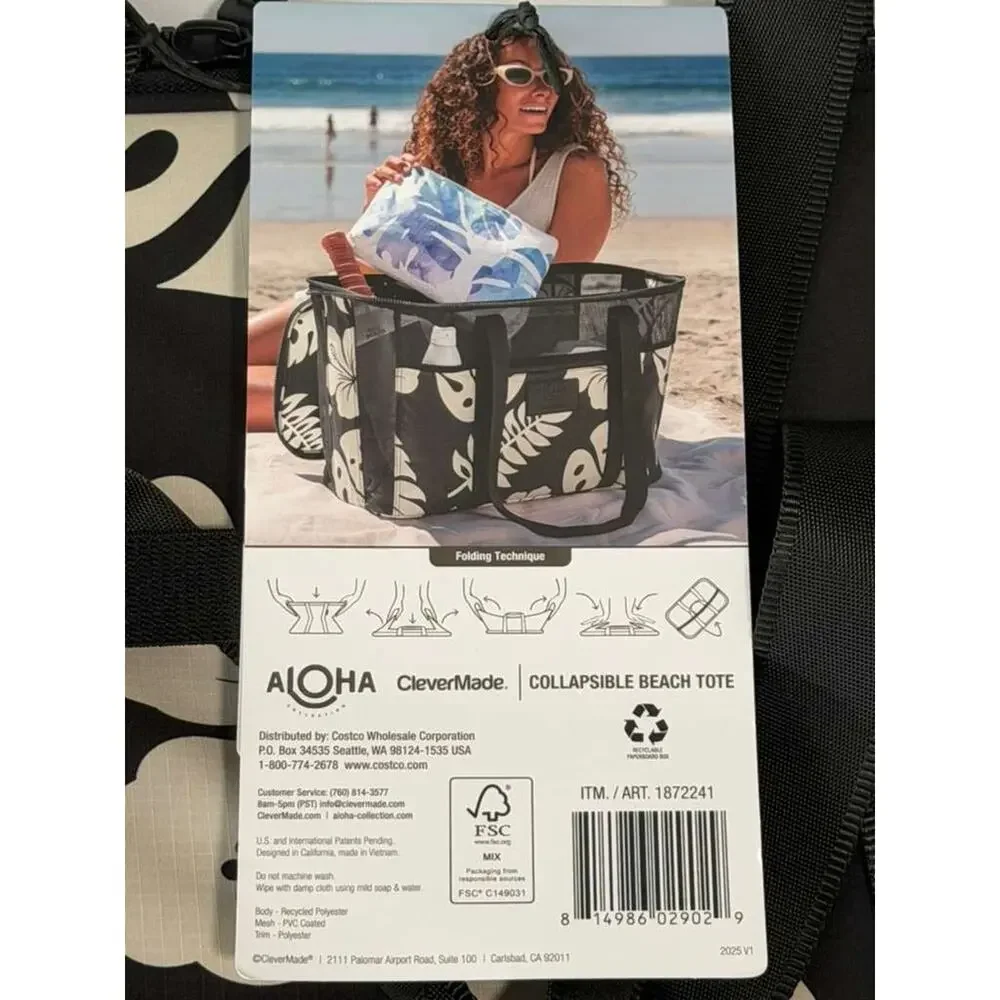 ALOHA Collection x CleverMade Collapsible Beach Tote Bag - Teal Palm Print - NEW